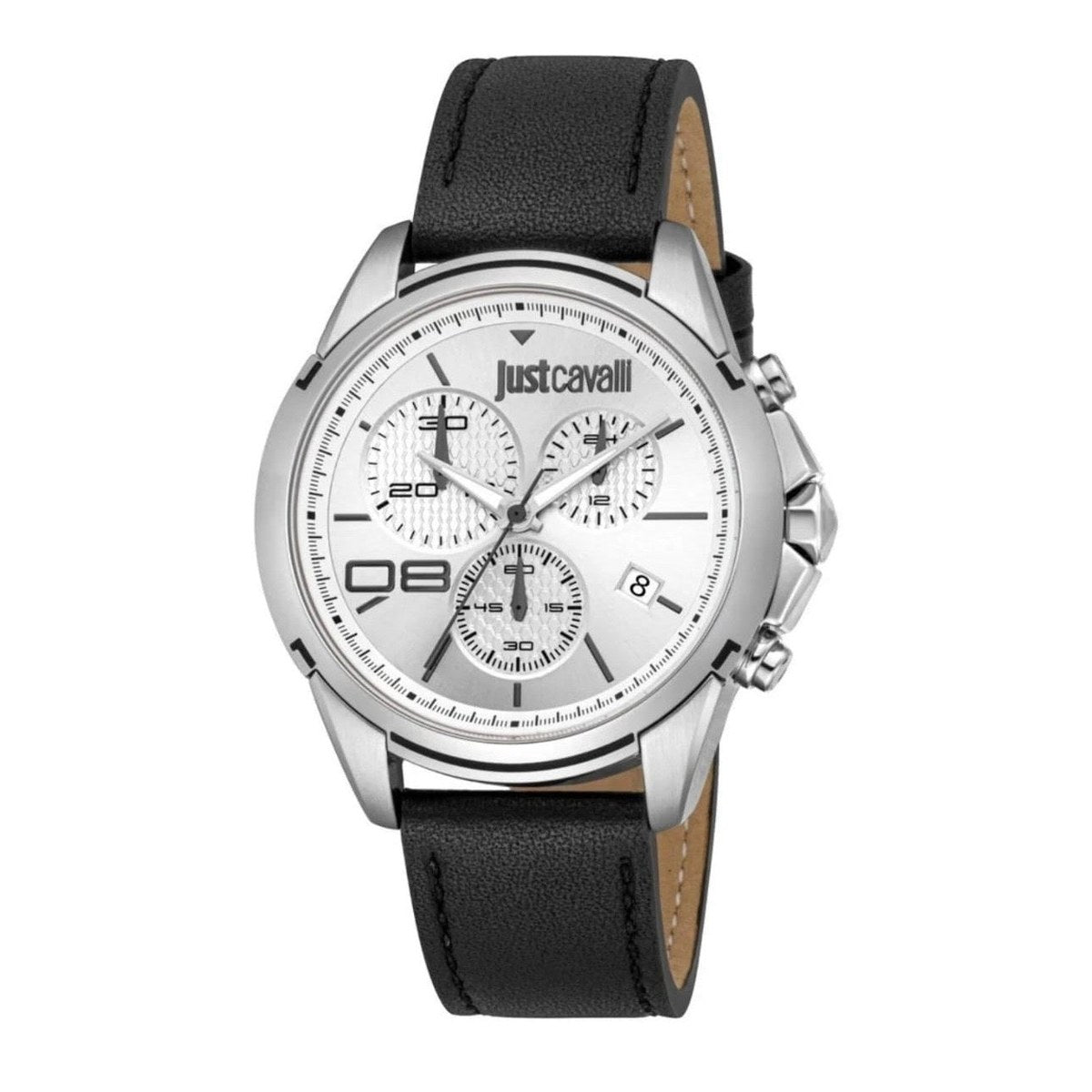 Chronograph Leather Strap Watch – Silver/Black