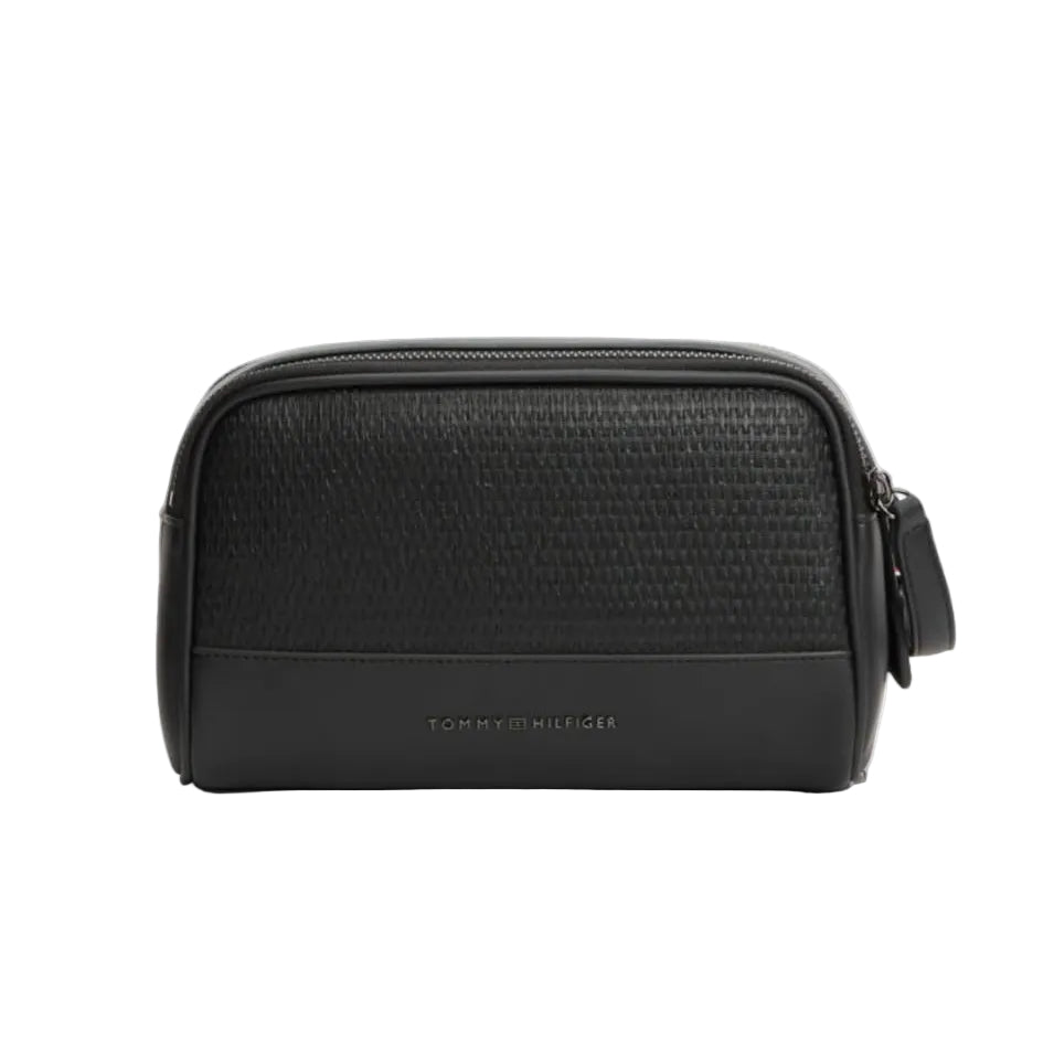 Metal Logo Mixed Texture Washbag – Black