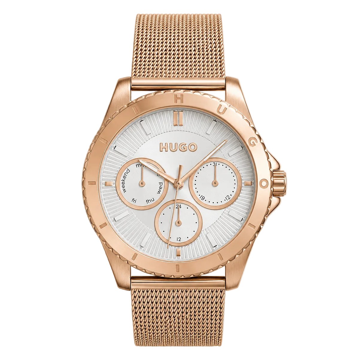 Rose Gold Mesh Multi-Function Watch White Dial