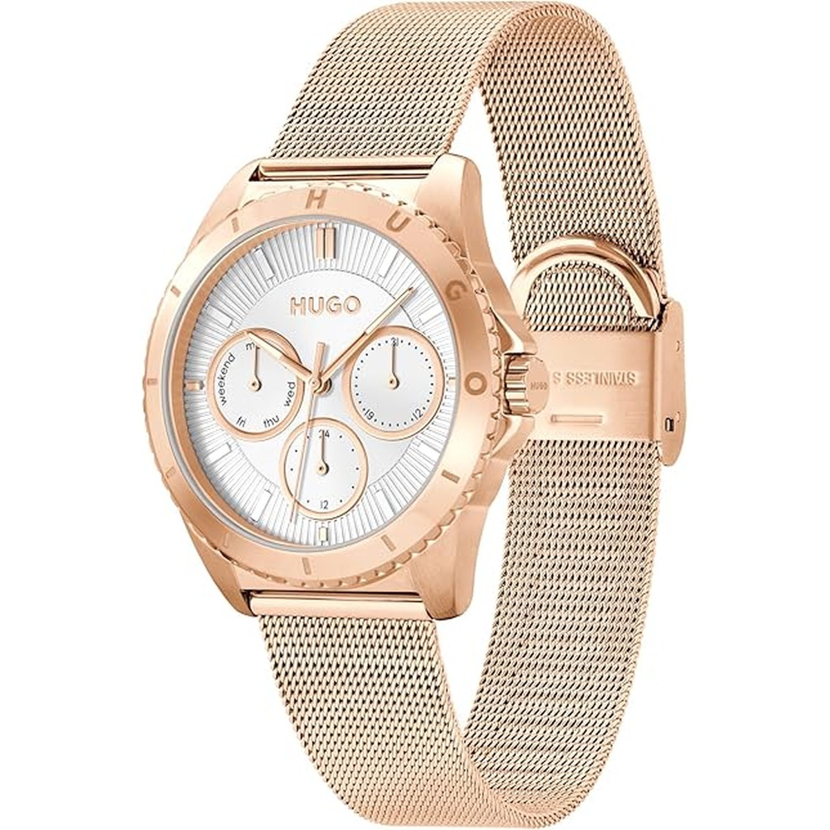 Rose Gold Mesh Multi-Function Watch White Dial